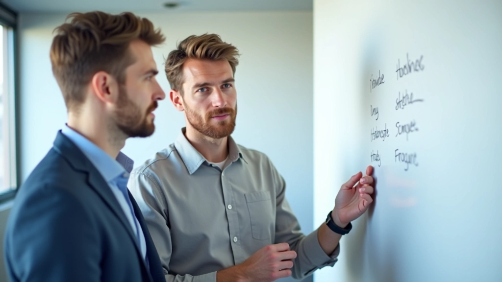Desenvolvedores discutindo arquitetura de software em frente a um quadro branco com diagramas