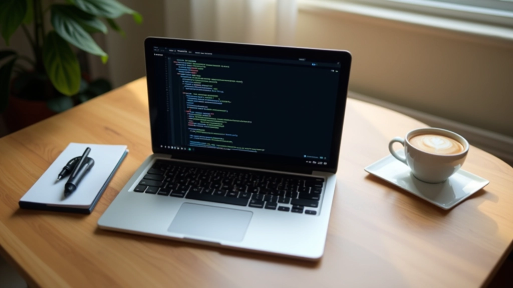 Laptop aberto mostrando código em ambiente de desenvolvimento com xícara de café