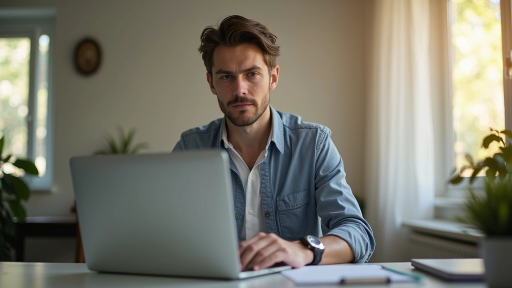Profissional em home office preparando-se para videoconferência com notebook e materiais à frente