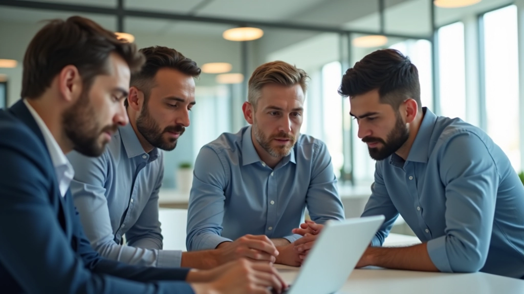 Equipa de desenvolvimento em reunião discutindo arquitetura de código no laptop