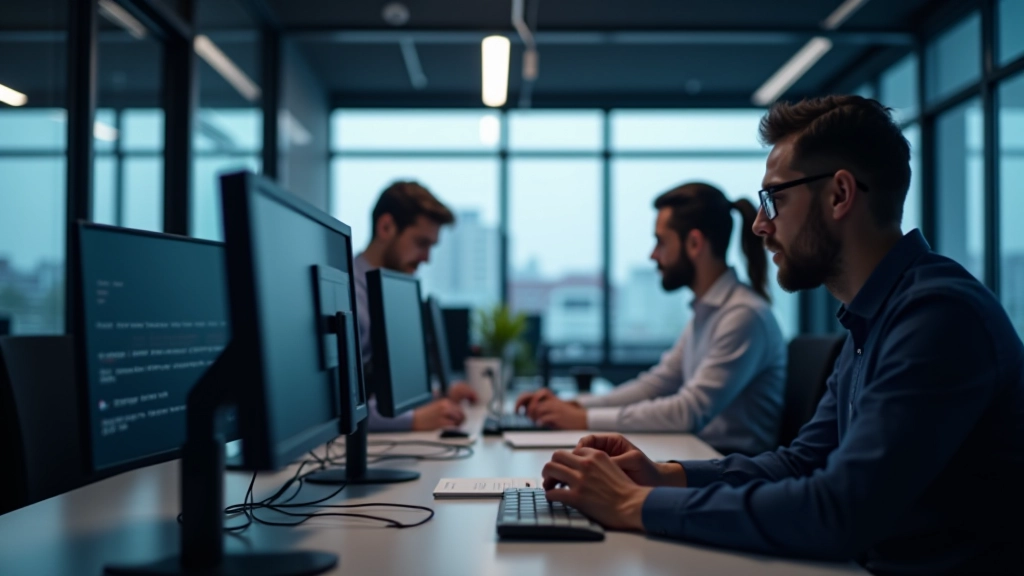 Profissional em ambiente de tecnologia colaborando em projeto com equipe internacional