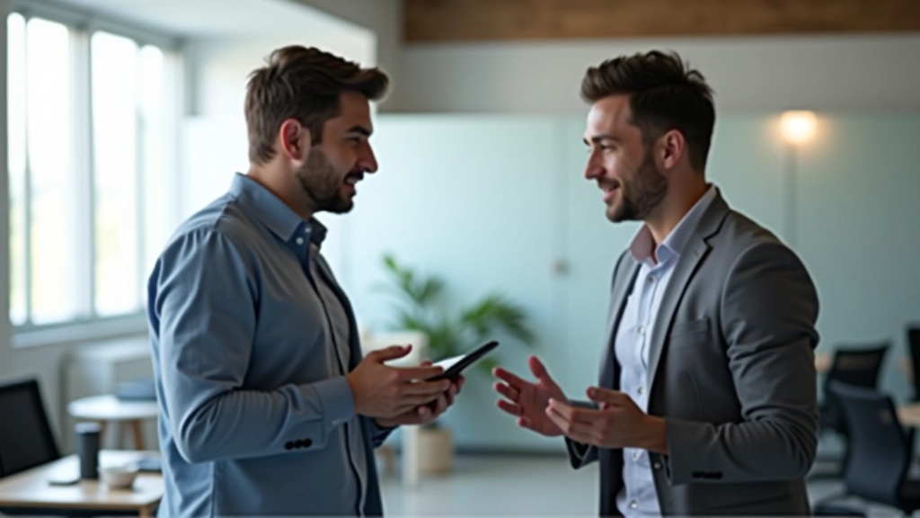 Duas pessoas em conversa informal em um espaço de trabalho compartilhado com plantas e luz natural