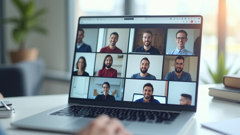 Equipe diversa em videoconferência de grupo com vários participantes na tela, ambiente profissional