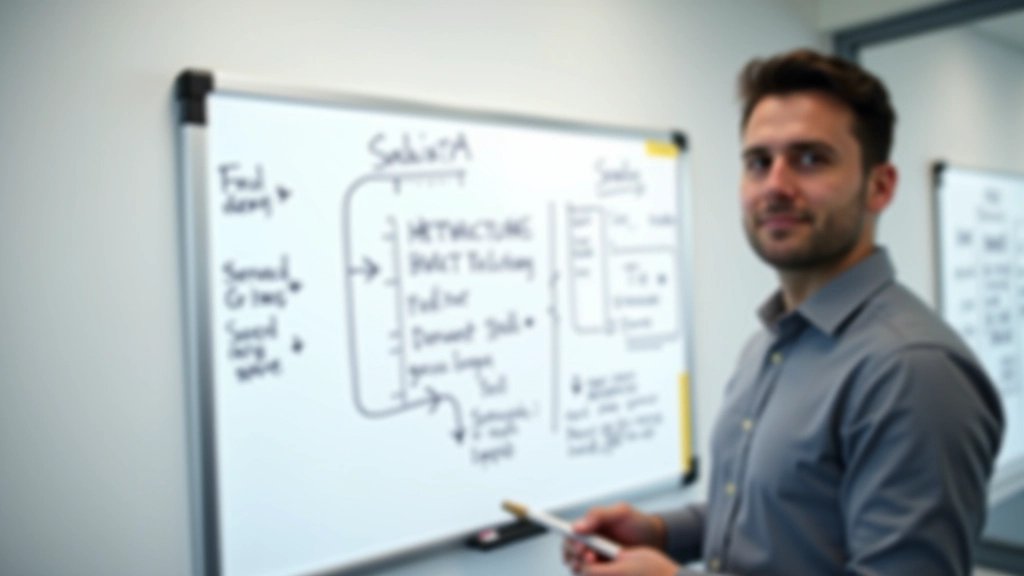 Quadro branco com diagrama de arquitetura MVC desenhado e anotações técnicas