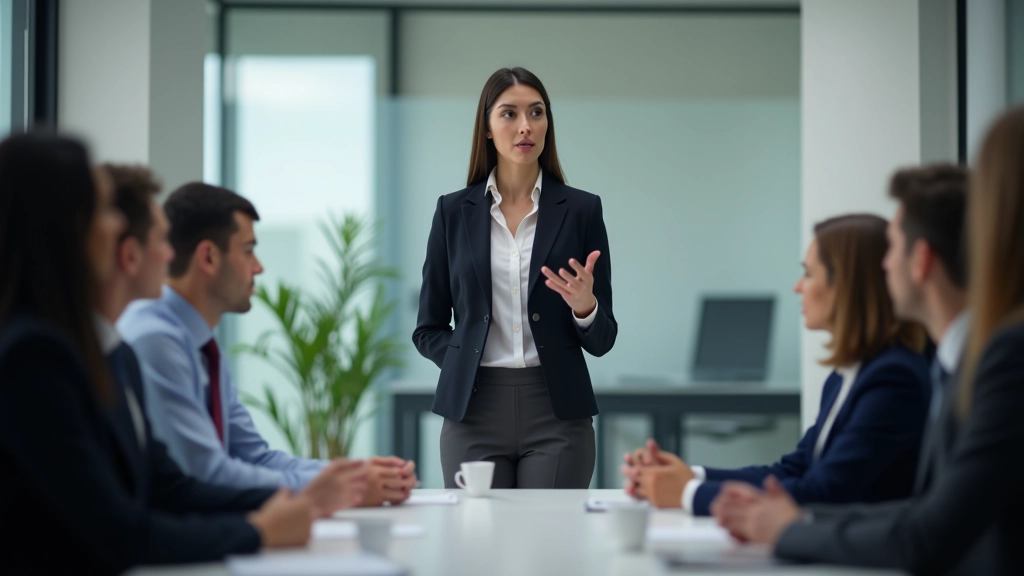 Profissional em reunião de tecnologia discutindo terminologia IT com colegas ao redor de uma mesa